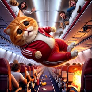 Ginger British Cat in Red Tracksuit Plunging in Airplane Chaos