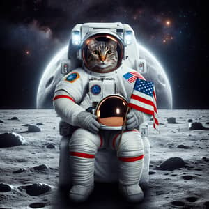 Feline Astronaut on Moon Holding American Flag | Hyperrealistic Space Art