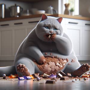 Chubby British Short-Haired Grey Cat Eating Chocolate Candies