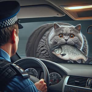 Overweight British Shorthair Cat with Fish Behind the Wheel