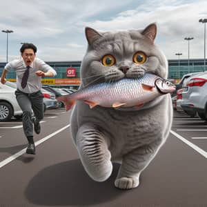 Fat British Grey Cat with Fish in Parking Lot