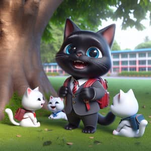 British Blue-Eyed Cartoon Cat in School Uniform with Red Backpack