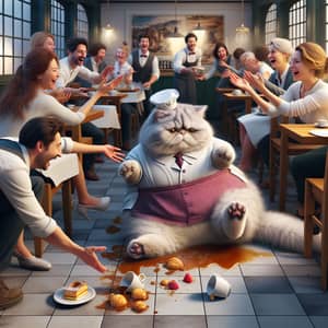 Fluffy British Cat Waiter's Mishap in Cafe Scene | Hyperrealism Art