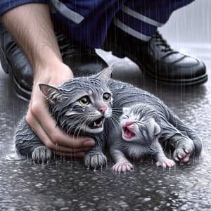 Heartwarming Rescue: Police officer saving a gray cat and her kitten in heavy rain