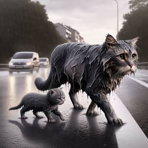 Realism Art: Melancholy Scene of Wet Cat and Kitten in High-Resolution