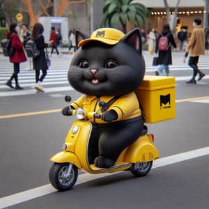 Realistic Cute Black Cat on Yellow Moped | Chubby Cartoon Cat in Real Life