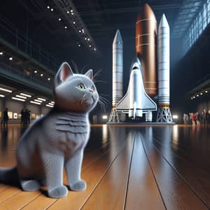 British Shorthair Kitten Observing Real-life Rocket in Space Museum