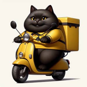 Adorable Cartoon Black Cat Courier on Yellow Moped
