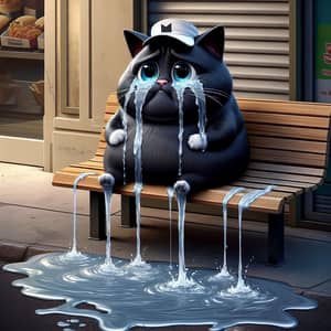 Sad Cartoon Black Cat Crying on Bench | Hyperrealism Theme