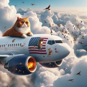 White Airplane with US Flag and Cat Soaring into Clouds