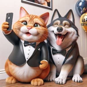 Chubby Ginger British Shorthair Cat and Wolf Selfie | Happy Birthday Balloon Scene