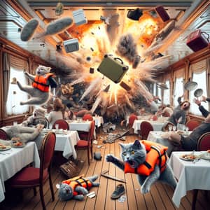 Explosion in Ship's Dining Room with Grey Cat in Orange Life Jacket