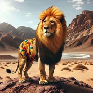Lion in Colorful Swimwear Stands Out in Desert Landscape