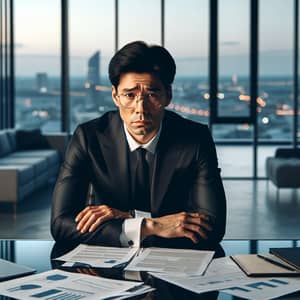 Melancholic East Asian Male Entrepreneur in Modern Office