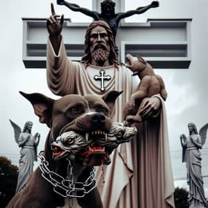 Religious Figure with Pit Bull and Mythical Entity in Mouth