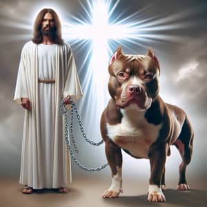 Divine Scene | Jesus-Like Man with Calm Pit Bull and Radiant Cross