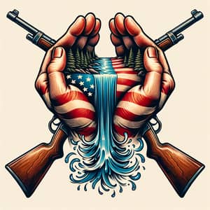 Vintage American Flag Waterfall Tattoo Art with Rifles