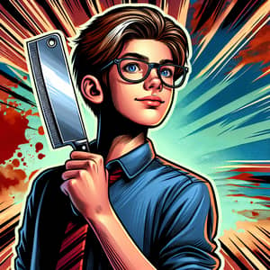 Young Boy with Glasses Holding Cleaver - Comic Style Digital Painting