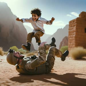 Adventurous Middle-Eastern Boy Outwits Caucasian Soldier in Humorous Encounter