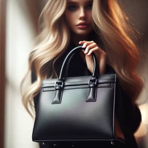 Beautiful Blonde Woman with Black Leather Handbag - Tilt-Shift Photo