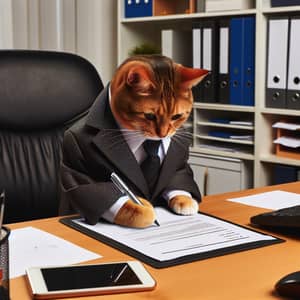 Surreal Office Scene: Cat in Suit Jacket Filling Paperwork