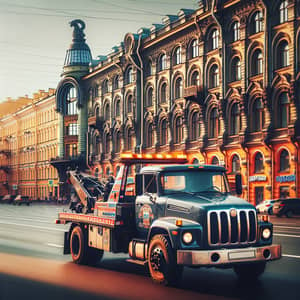 Historical Buildings and Tow Truck in St. Petersburg