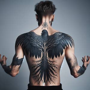 Man Tattooed with Raven Feathers and Yggdrasil in Norse Mythology