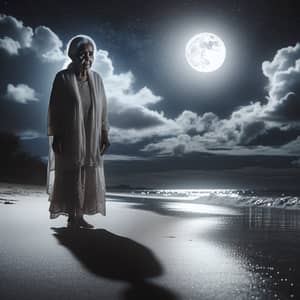 Eerie Elderly Woman on Moonlit Night Beach