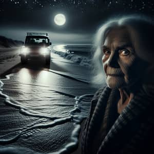 Elderly Woman Standing Between Night Beach & Car Headlights