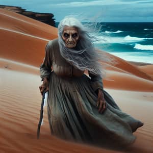 Elderly Hispanic Woman Standing on Barren Beach