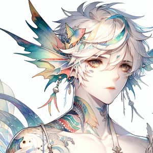 Anime Boy with Vibrant White Hair and Fish Fin-Shaped Ears | Digital Art