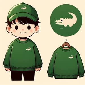 Young Boy in Green Sweater | Designer Logo on Sweater