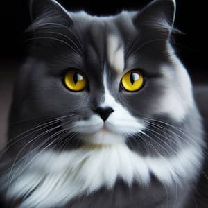 Grey Cat with Striking Yellow Eyes and White Fur Accents