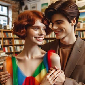 Red-Haired Woman and Brunette Man in Love | Bookstore Romance