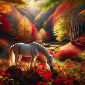 White Horse in Vibrant Fall Valley | Peaceful Grazing Scene