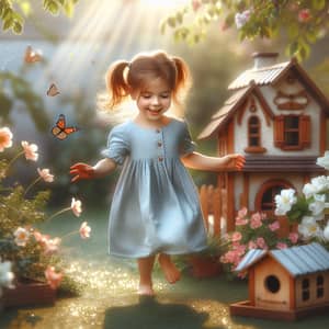 Small Caucasian Girl Playing in Charming Garden