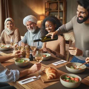 Multicultural Dinner Party: Joyful Gathering Around Wooden Table