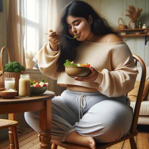 Self-Care and Positivity: Plus-Size South Asian Woman Enjoying a Healthy Meal