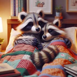 Anthropomorphic Male Raccoons Cuddling in Bed