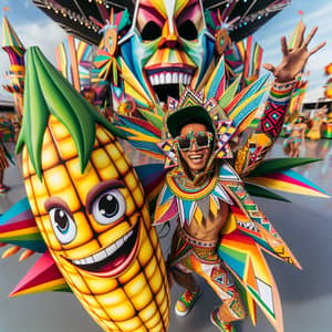 Vibrant Carnival Scene with Intricately Detailed Corn Costume