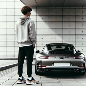 Porsche 911 992 Back View with Stylish Young Man