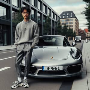 Shimmering Silver Porsche 911 992 with BMR1 Plate and Stylish Youthful Man