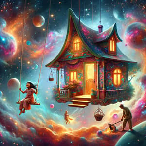 Dreamlike Shoe-Shaped House Illustration in Cosmic Universe