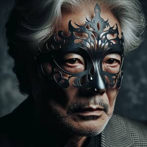 Asian Man in Dimly Lit Room with Detailed Mask and Sad Eyes
