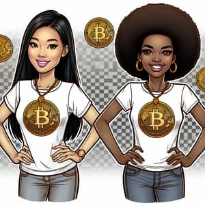 Cartoon Bitcoin Women | Asian & African Smiling with Cryptocurrency