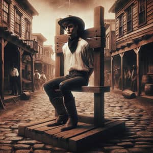 Young Cowboy Trapped in Pillory - Wild West Era Illustration