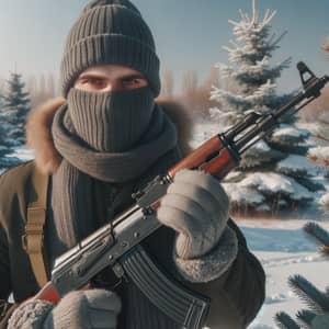 Caucasian Man in Cold Weather Attire Holding AK47 in Snowy Landscape
