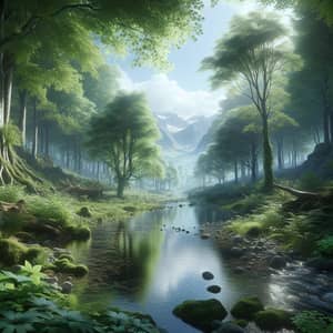 Realistic Nature Scene: Lush Forest Canopy & Snowy Mountains
