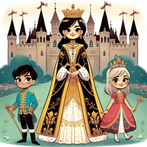 Cartoon Queen with Children and Castle - Enchanting Fantasy Scene