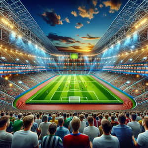 Vibrant Football Stadium Scene - Spectators, Match, and Sunset